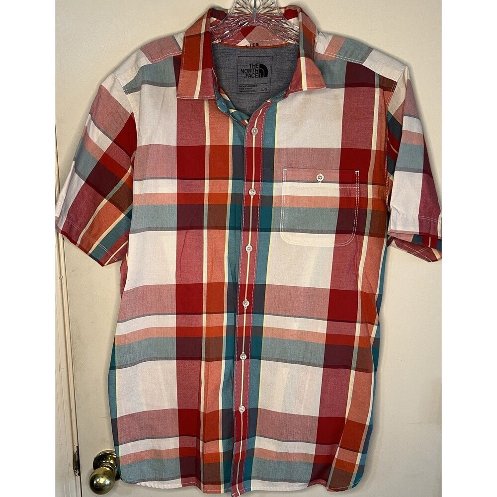 The North Face Mens Plaid Short Sleeve Button Up Shirt Pockets Size L Multi FLAW